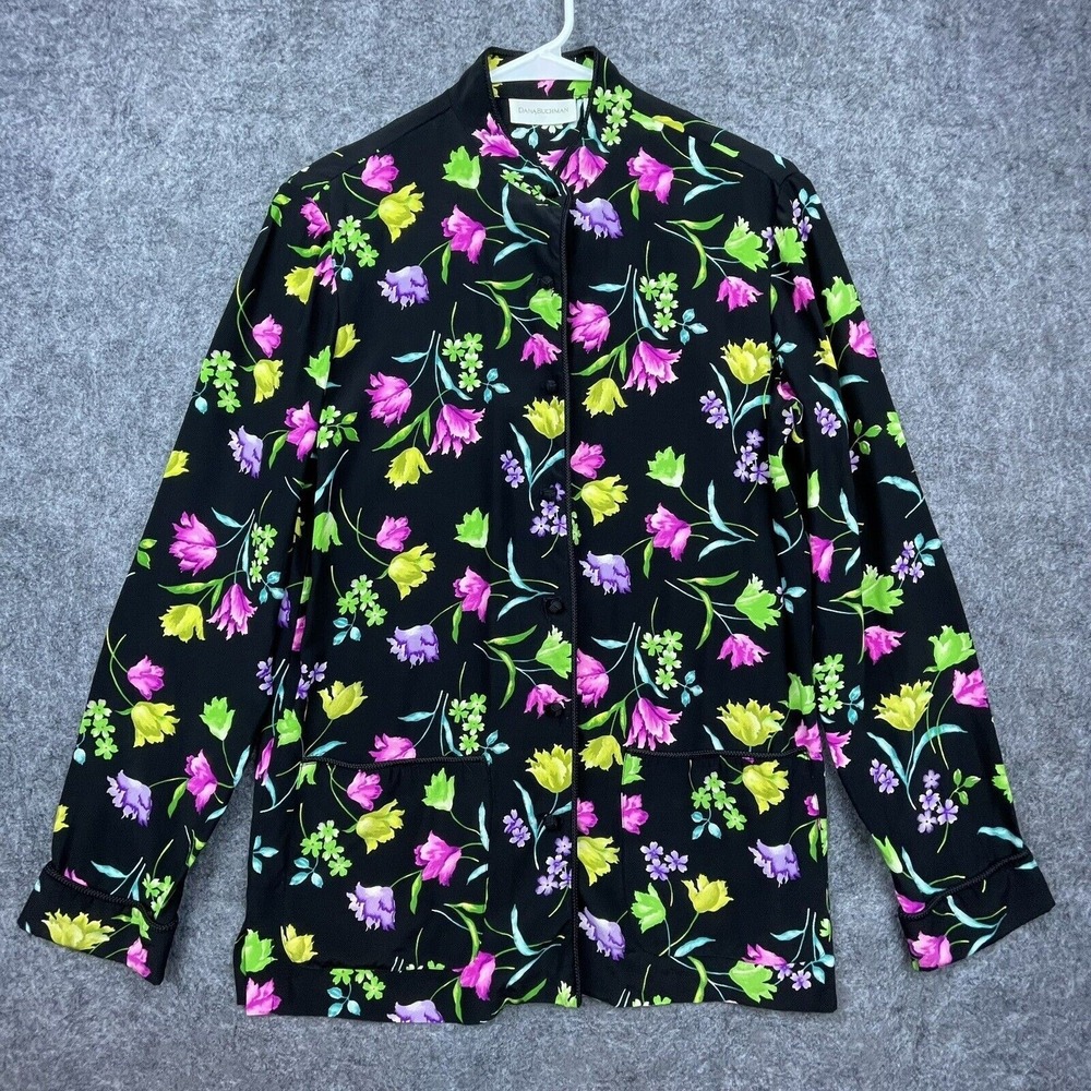 Vintage Dana Buchman‎ Blouse Womens 4 100% Silk Vibrant Flowers Mandarin Collar